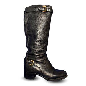 Prada Black Leather Mid-Calf Riding Boots EU 40 / US 9.5 Gold Buckle Detail